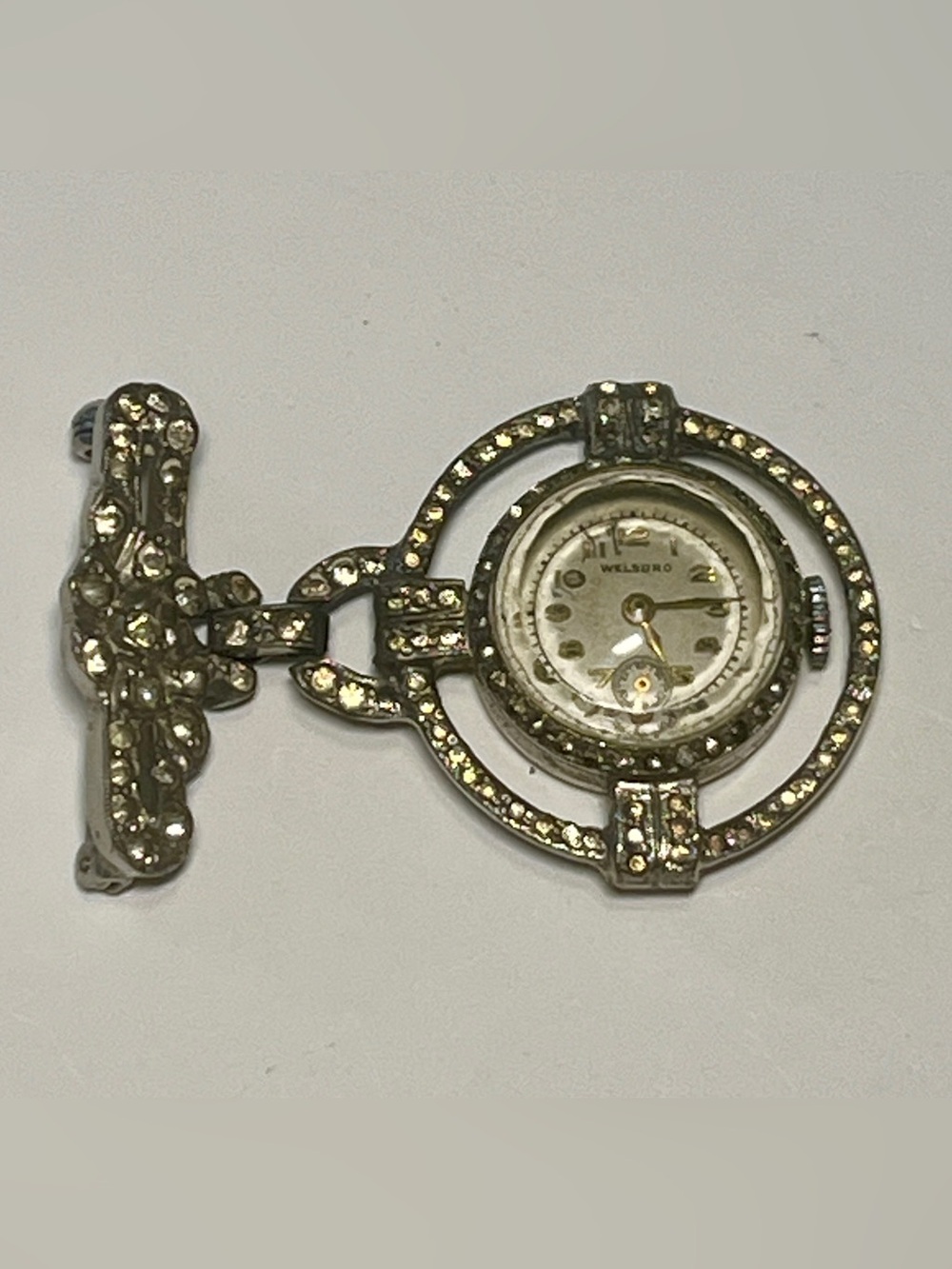 Vintage Welsbro Art Deco Lapel Watch Rhinestone Cocktail Brooch - Sold As-Is